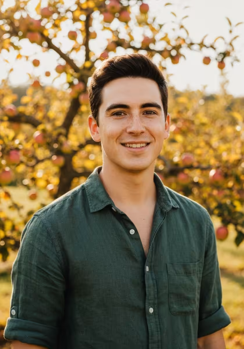 Homme souriant devant un pommier en automne.